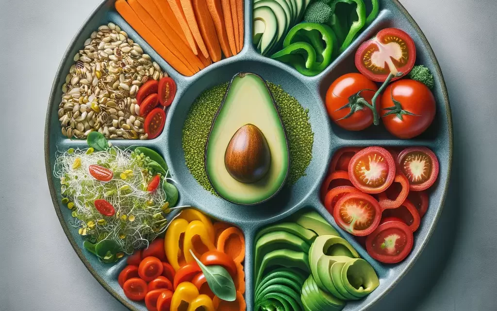 Illustration of a colorful, segmented plate filled with raw vegetables, sprouted grains, and a slice of avocado.