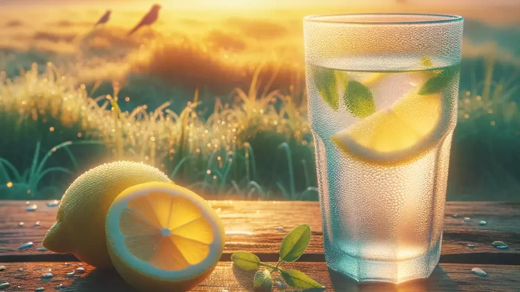 Image of a glass of lemon water on a serene morning backdrop